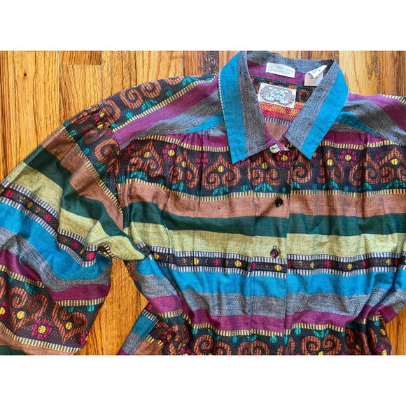 Angelique Tops - Angelique Imp NYC boho cotton metallic India made colorful mixed print shirt M